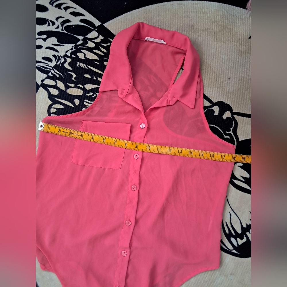 Lush Coral Sheer Racerback Sleeveless Buttonup Blouse! W/ Pocket No Size Tag Euc - Picture 7 of 8